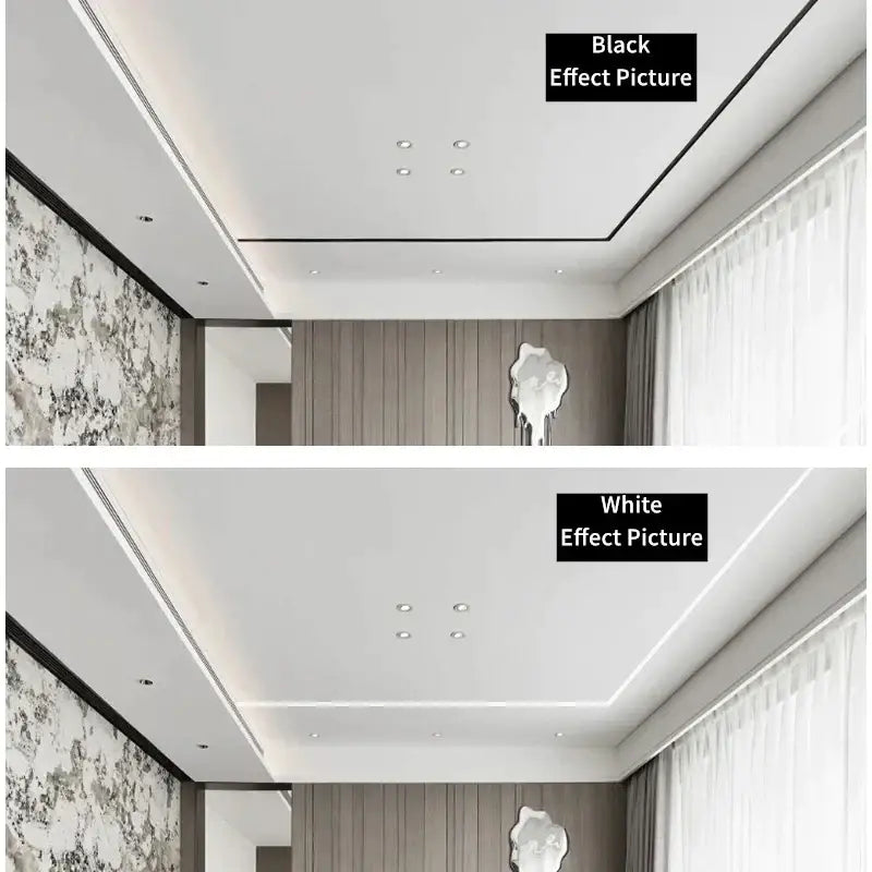 Modern perforated silver led aluminum profile light track with recessed lighting and black trim for living room ceiling