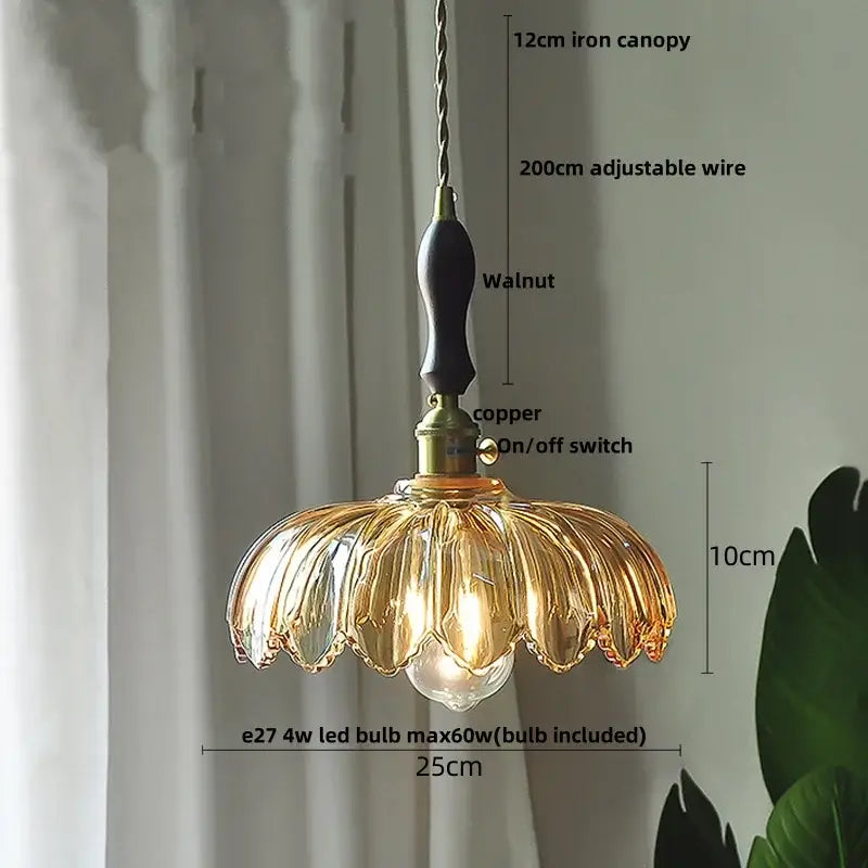 Modern petal amber glass led pendant lamp with golden glass, walnut iron canopy, and copper switch for dining room use