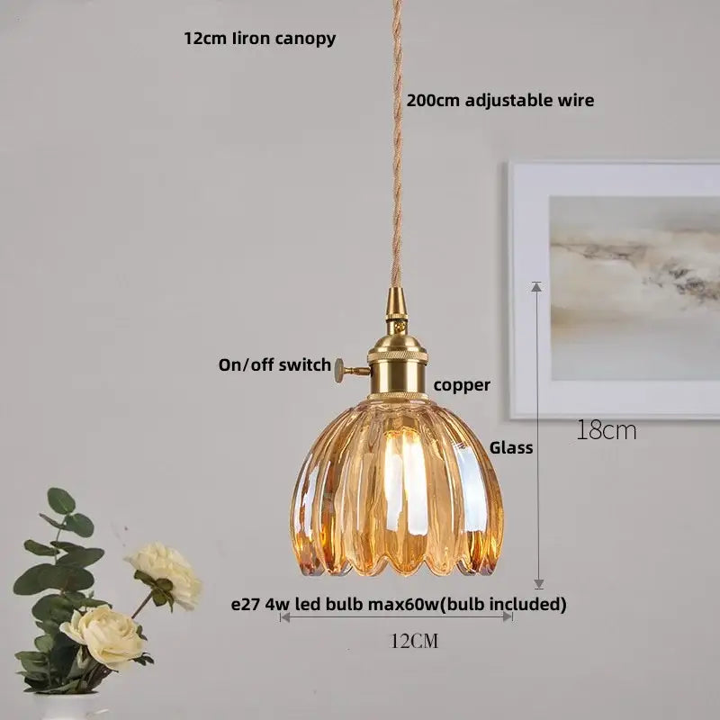Modern petal amber glass led pendant lamp with warm amber glass and copper finish metal fixture for dining room