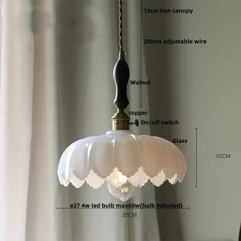 A delicate white glass led pendant lamp with fluted petal design and dark walnut wooden handle for modern decor