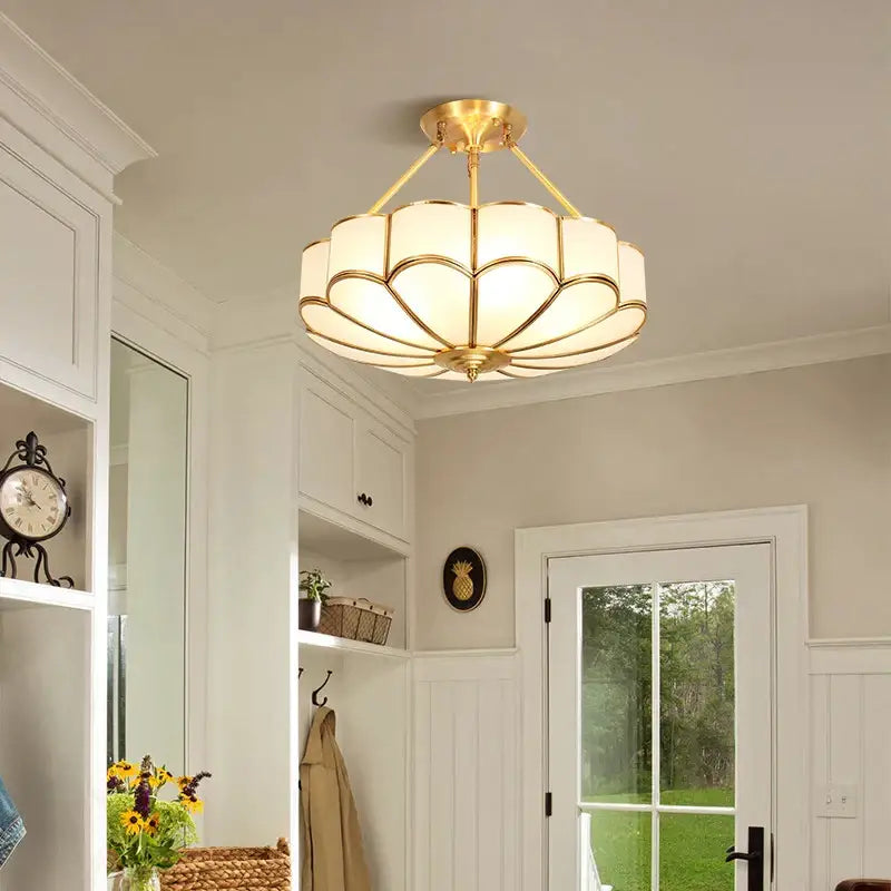 Modern petal brass ceiling lamp with gold-toned brass and frosted glass shade by decorbites brass ceiling decor