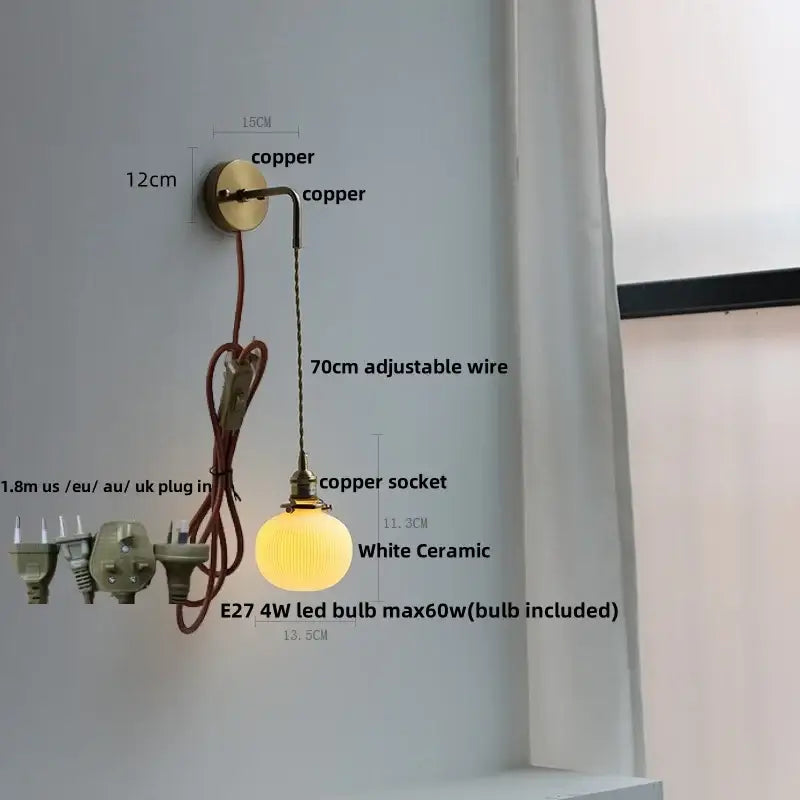 Copper wall light with white ceramic globe and adjustable wire featuring decorbites clear glass led design for bedroom