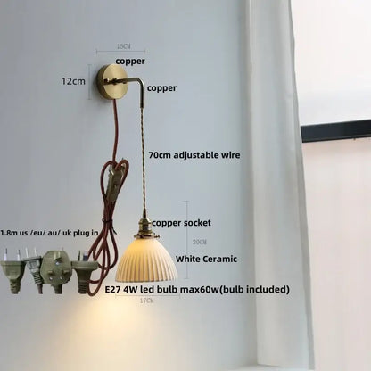 Copper-finished wall light with white ceramic fluted shade and adjustable wire for modern decorbites clear glass led use