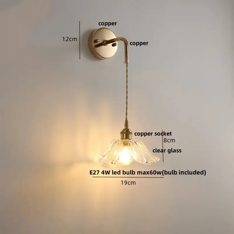 Modern petal brass wall light with copper sconce and decorbites clear glass led shade for bedroom use