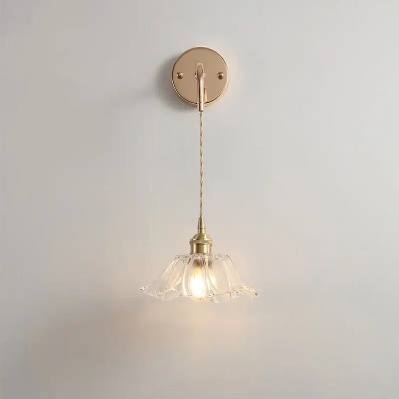 Modern petal clear glass led wall light with brass finish, decorbites clear glass shade, and twisted cord for bedroom use