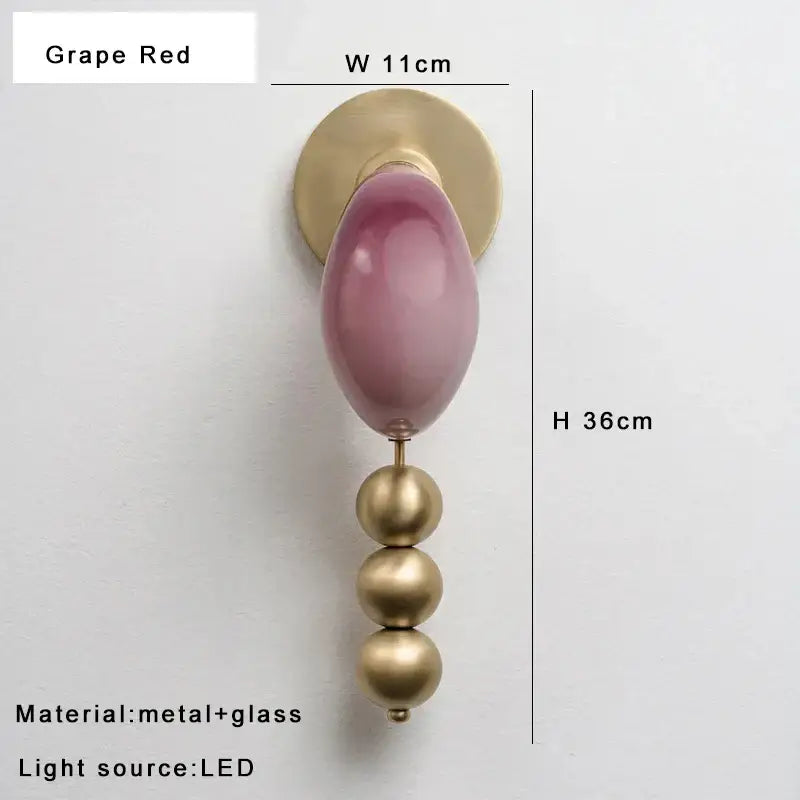 Modern pink and brass curve glass wall lamp with grape red glass pendant and brass curve glass accents for bedroom decorbites brass curve