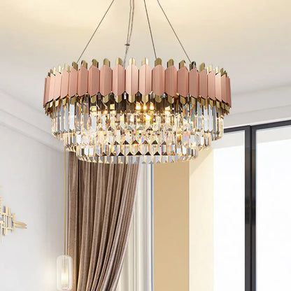 Lámpara de techo colgante moderna de cristal rosa y dorado con 8/12 luces