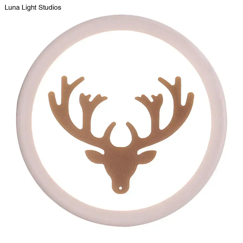 Matte brown deer head silhouette with antlers in a circular white frame modern pink and white 8 inch bedside light fixture