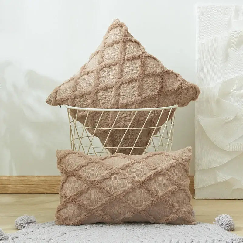 Beige textured throw pillows with diamond embroidery cushion cover and fringed edges for modern living room decor