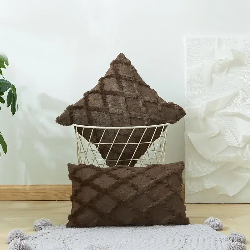 Brown textured throw pillow with diamond embroidery cushion cover and fringed edges for modern living room decor