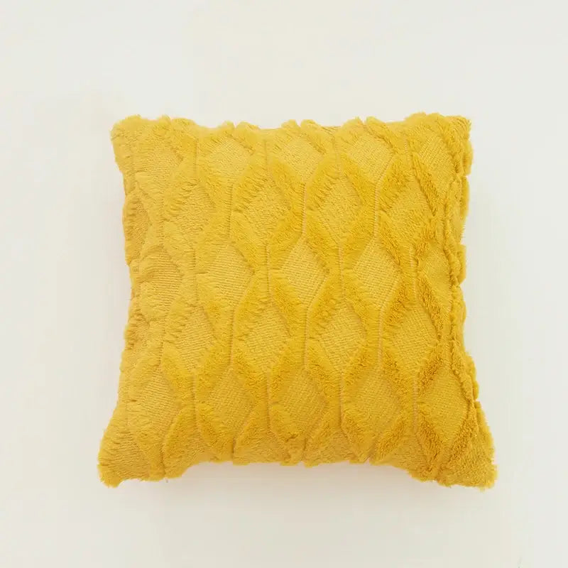A cozy mustard-yellow cushion cover with diamond embroidery and textured knit fabric for modern living rooms