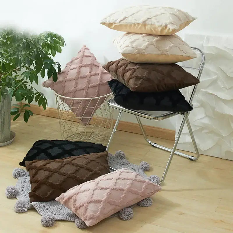 A cozy collection of modern pink and beige embroidery cushion covers with diamond embroidery pattern for living room
