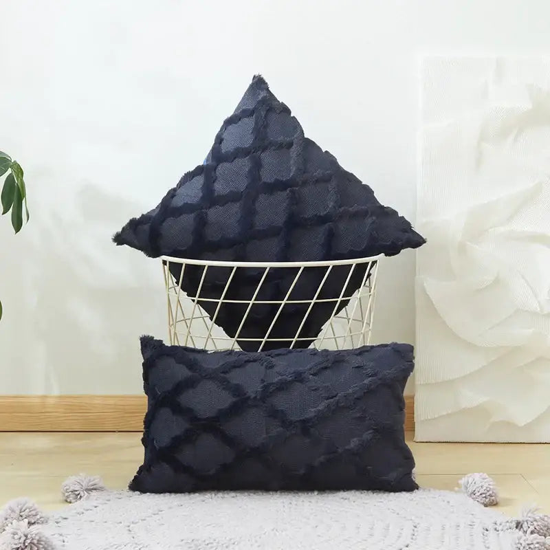 Dark navy blue textured cushion cover with diamond embroidery and frayed edges for modern living room decor