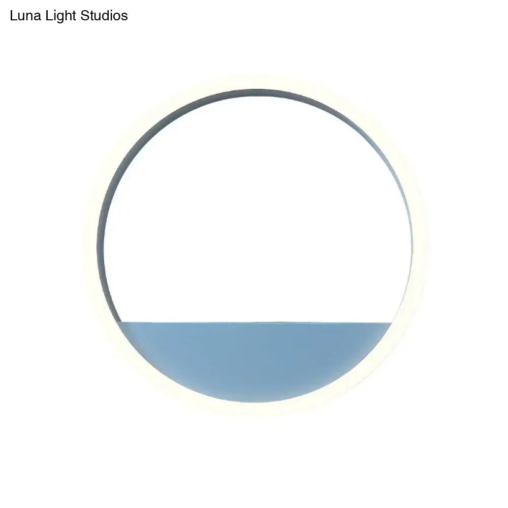 Modern pink blue iron hoop wall light with circular black frame provides soft diffused illumination for bedroom storage rack