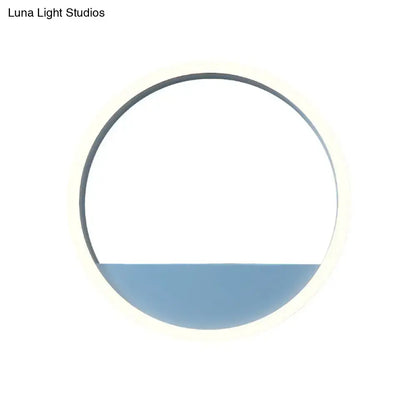 Modern pink blue iron hoop wall light with circular black frame provides soft diffused illumination for bedroom storage rack