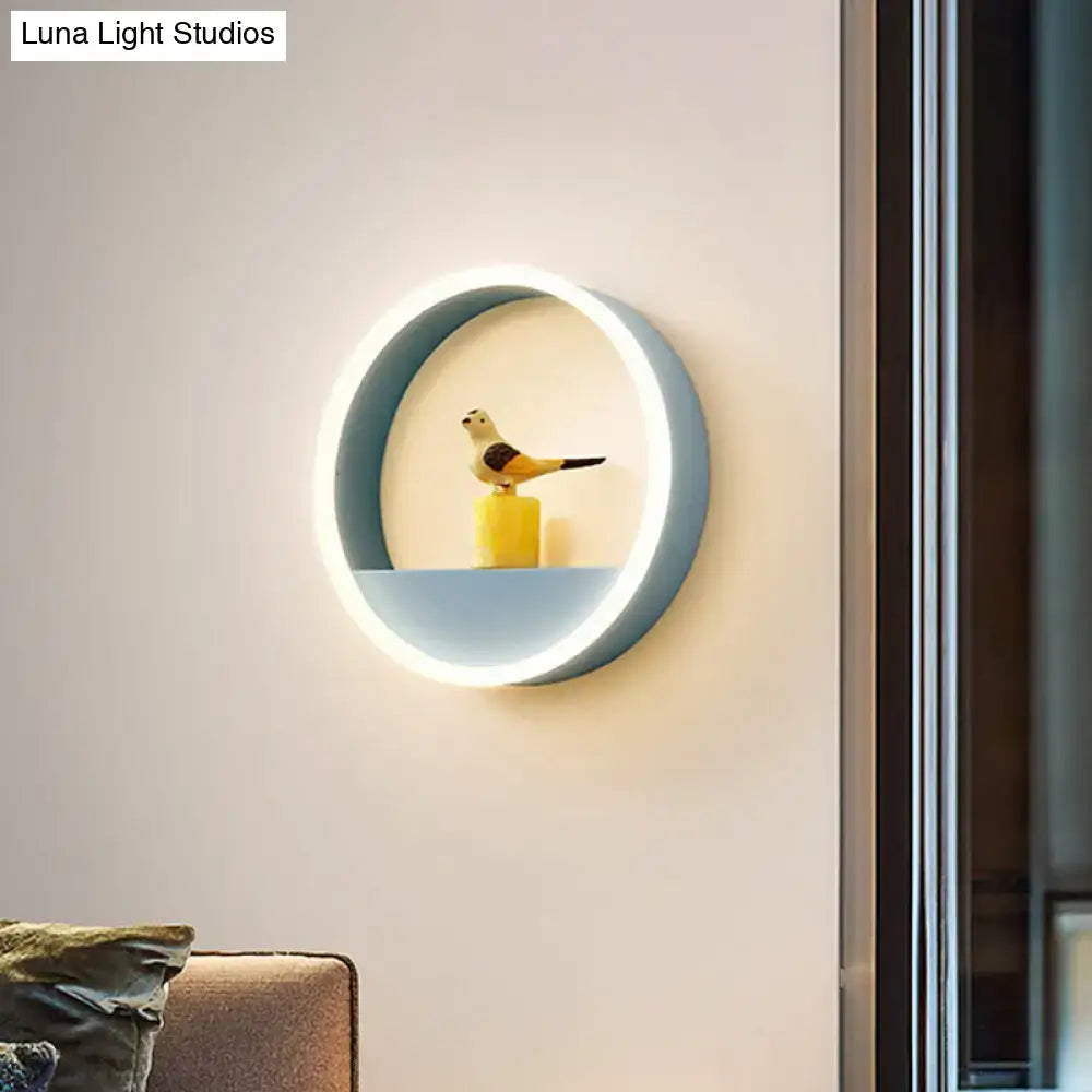 Modern pink blue iron hoop wall light with soft blue frame led ring and yellow bird figurine on matching base