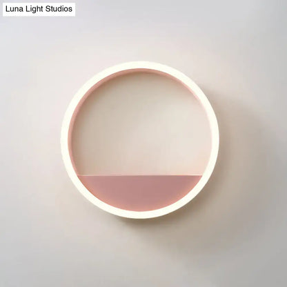 Circular wall-mounted iron hoop wall light with pink blue two-tone interior and white frame for bedroom storage rack