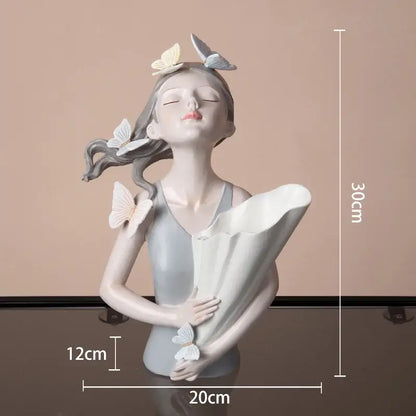 Modern pink butterfly girl sculpture living room decor resin flower vase with serene gray butterfly girl figurine
