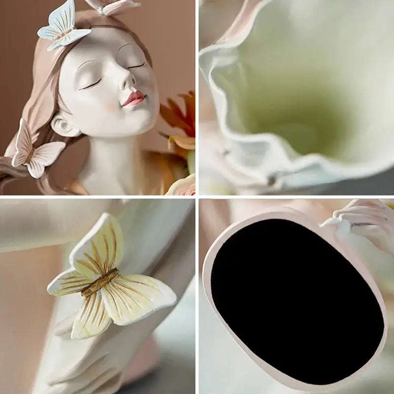 Delicate porcelain butterfly girl sculpture with soft pink hair and white butterflies designed as modern resin decorbites vase