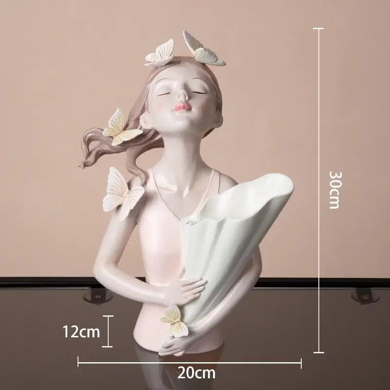 Delicate modern pink butterfly girl sculpture of porcelain resin with white butterflies holding an open fan decorbites butterfly girl