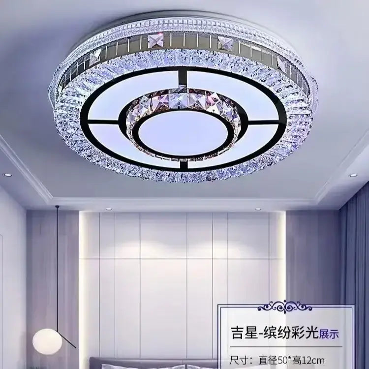 Modern pink and clear crystal led ceiling lamp with concentric rings on black metal frame for bedroom decorbites crystal led lighting