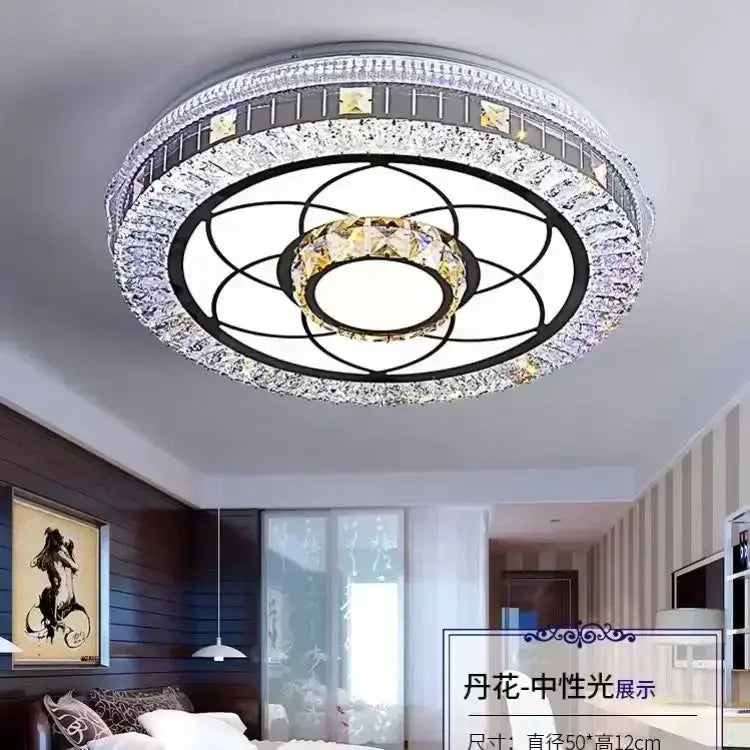 Modern pink and clear crystal led ceiling lamp with black metal frame and concentric rings of clear and yellowish crystals