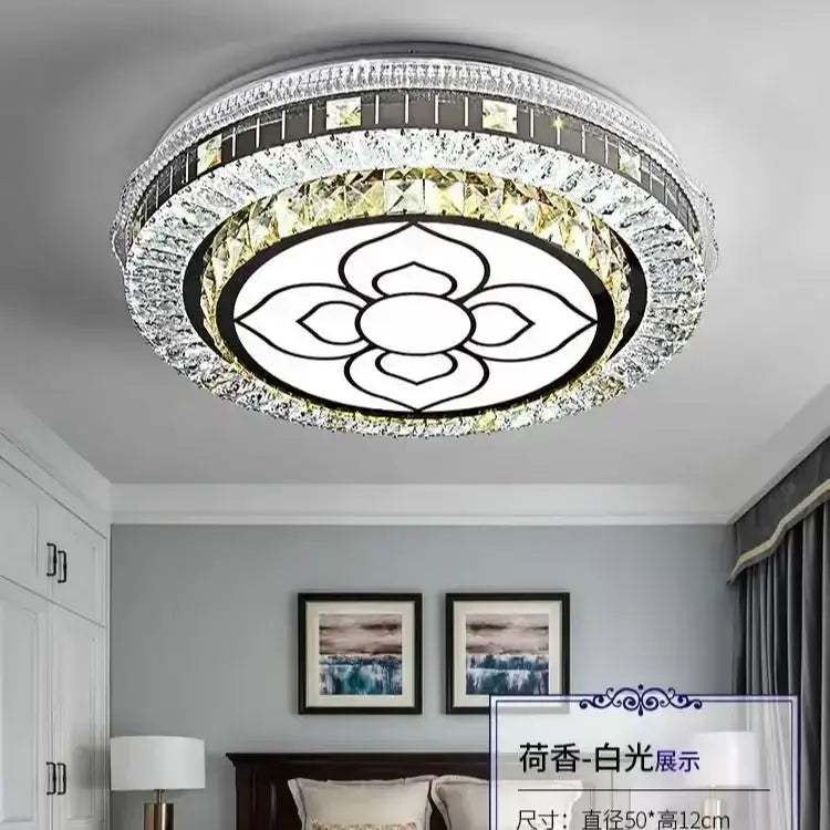 Modern pink and clear decorbites crystal led ceiling lamp with white floral design and gold-toned crystal accents