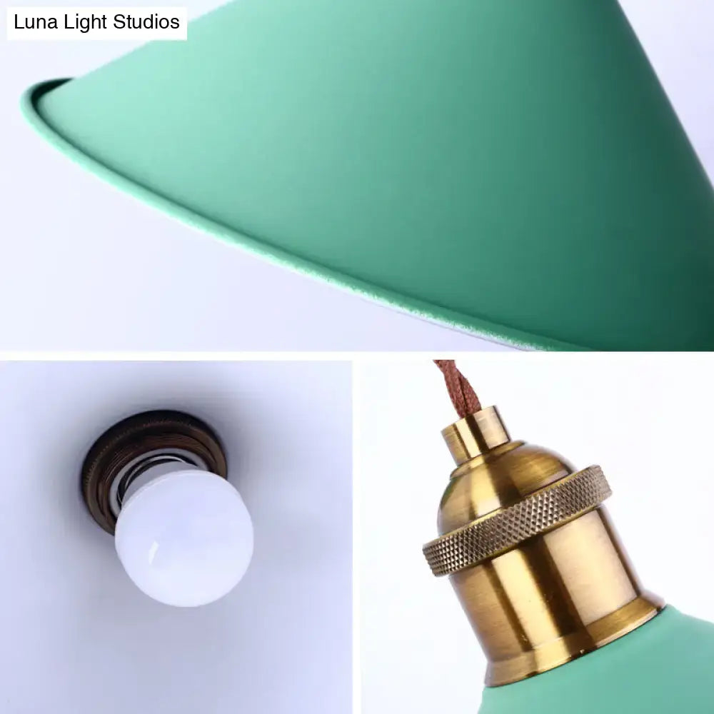 Modern pink conical metal wall sconce with mint green fabric pendant lamp and brass hardware for hallway lighting gray pink yellow