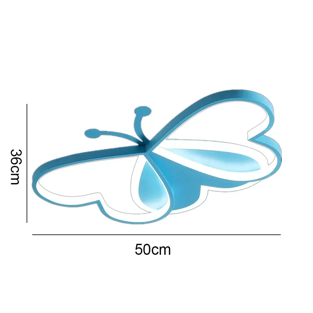 Modern pink decorbites butterfly led ceiling light with sleek blue metallic arms and translucent white wings for girls bedroom