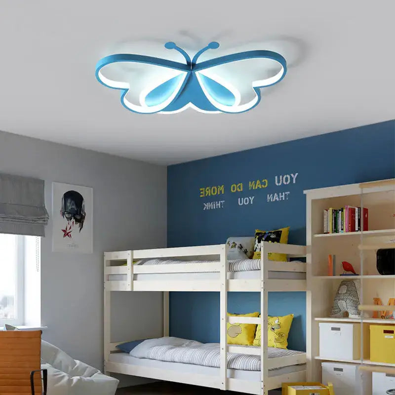 Modern pink decorbites butterfly led ceiling light with illuminated blue butterfly-shaped wings for girls bedroom ceiling light