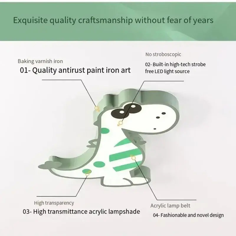 A charming white and green decorbites dinosaur animal kids ceiling lamp with glossy finish and striped patterns