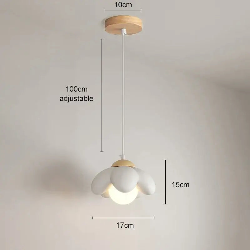 Minimalist white cream flower pendant light with wooden ceiling mount and adjustable height for bedroom decorbites cream flower