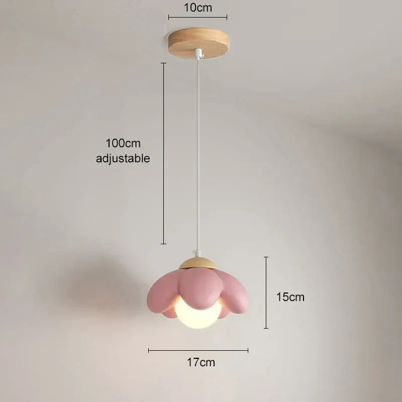 Modern pink flower pendant light with wooden ceiling mount and white cord for bedroom decorbites cream flower style