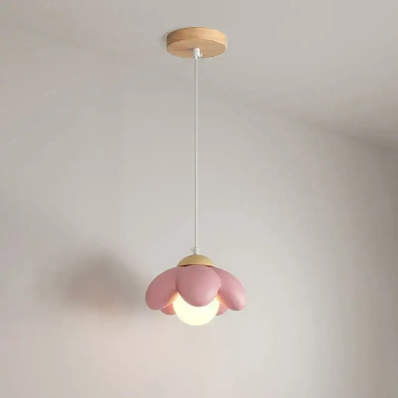 Modern pink flower pendant light with wooden ceiling mount and white cord ideal for bedroom and living room decorbites cream flower