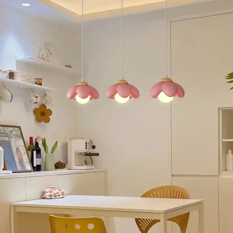 Modern pink flower pendant light with wooden centers hanging from ceiling for bedroom and living room decorbites cream flower