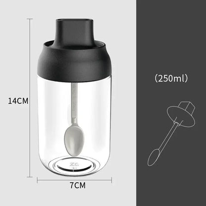 Clear glass seasoning bottle with black lid and silver spoon in modern pink glass seasoning bottle set 250ml capacity