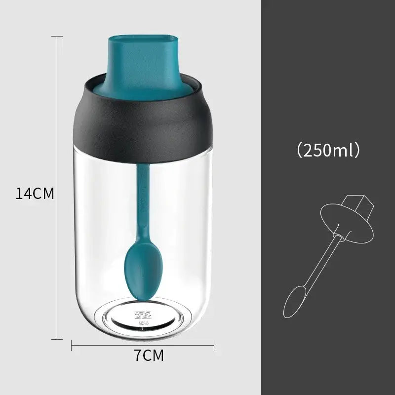 Modern pink glass seasoning bottle set with a transparent 250ml glass seasoning bottle and teal spoon dispenser