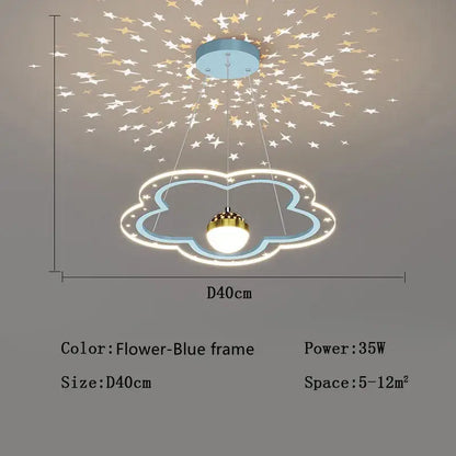 Modern pink and gold cloud flower led chandelier with blue flower-blue decorbites cloud flower and starry projection effect