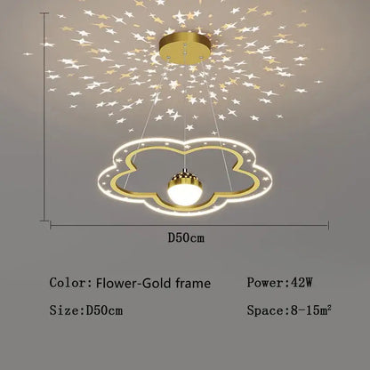 Gold cloud flower led chandelier with glowing led frame and star projection effect for bedroom decorbites cloud flower