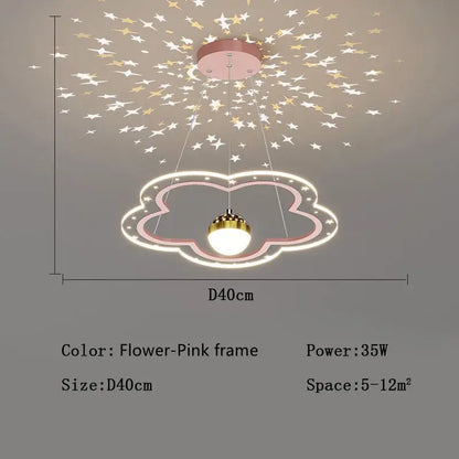 Modern pink and gold cloud flower led chandelier with glowing white bulb and starry projection for bedroom decorbites cloud flower