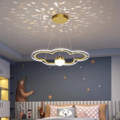 Modern pink and gold cloud flower led chandelier with gold-toned cloud shape and starry projection by decorbites cloud flower