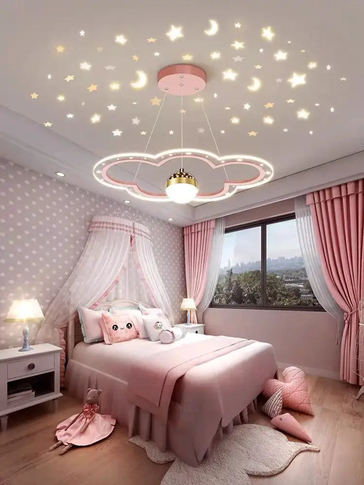 Modern pink and gold cloud flower led chandelier with illuminated bulb and glowing star moon decals for bedroom decorbites cloud flower