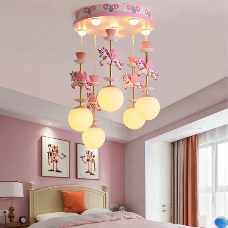 Modern pink and gold unicorn led chandelier with spherical bulbs for girls bedroom kids led chandelier decorbites kids led