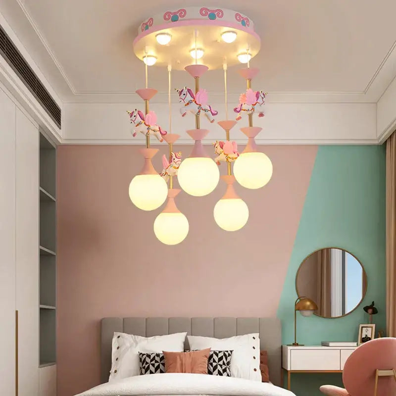Modern pink and gold unicorn led chandelier with spherical bulbs for girls bedroom decorbites kids led chandelier
