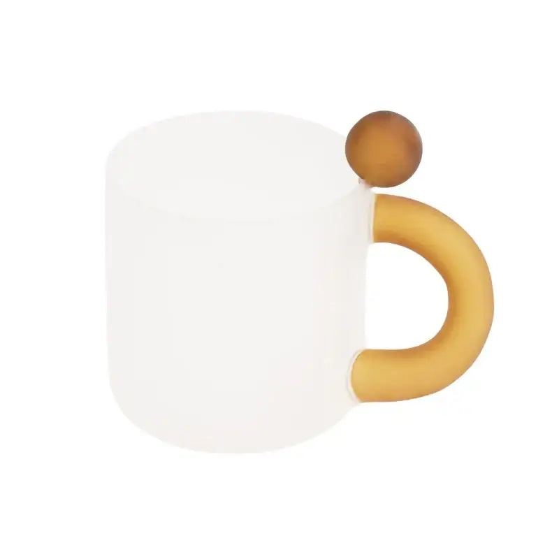 A frosted white ceramic mug with a wooden sphere lid featured in a modern pink and red glass mug set for dining room use