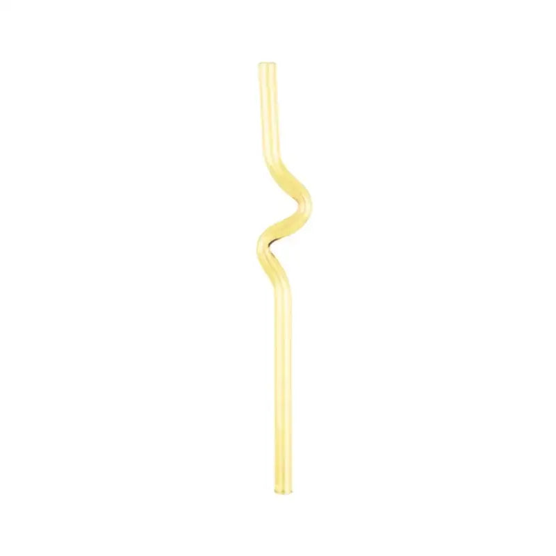 Translucent yellow glass straw with s-shaped bend alongside modern pink and red glass mug set for dining and dessert use