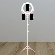 Modern pink triple phone stand ring light with three holders on pink tripod stand compatible with 110v-120v 220v-240v