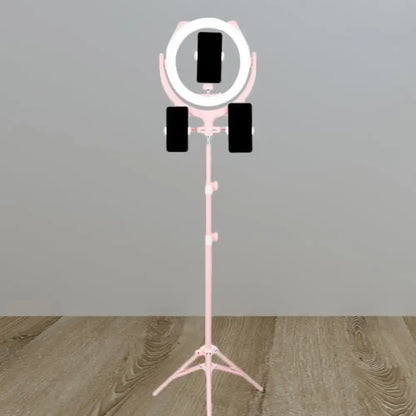Modern pink triple phone stand ring light with three holders on pink tripod stand compatible with 110v-120v 220v-240v