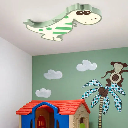 Modern pink and white dino led ceiling lamp with light green dinosaur shape and white green striped decorbites dino led ceiling lamp