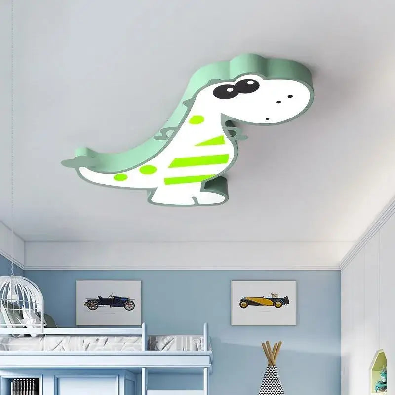A charming mint green and white dino led ceiling lamp with lime green stripes and polka dots for children’s room decorbites dino led